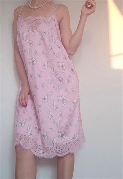 Vintage Midi Pink Dress with Butterfly Print
