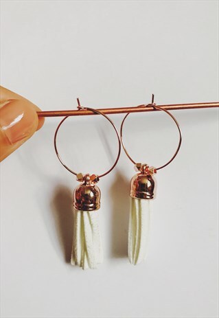 WHITE LARGE TASSEL ROSE GOLD HOOP EARRINGS