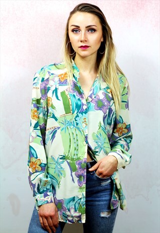 1990S VINTAGE LIGHT GREEN AND LILAC FLORAL SILKY BLOUSE