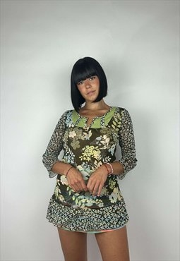 Vintage 00s Mesh Floral Dress With Ruffles