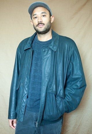90S MINIMALIST FADED BLACK LEATHER FLIGHT BOMBER JACKET XL