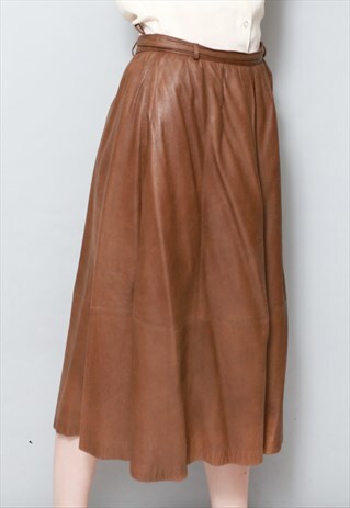 VINTAGE 1980'S FLARED BROWN SOFT LEATHER MIDI SKIRT