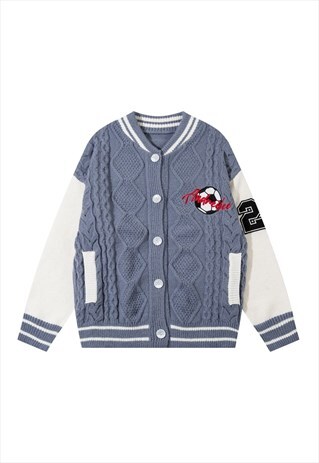 KNITTED VARSITY JACKET  CABLE SWEATER FOOTBALL JUMPER BLUE