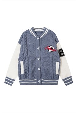 Knitted varsity jacket  cable sweater football jumper blue