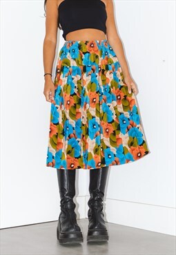 Vintage 80s handmade floral tropical printed Pleated Skirt