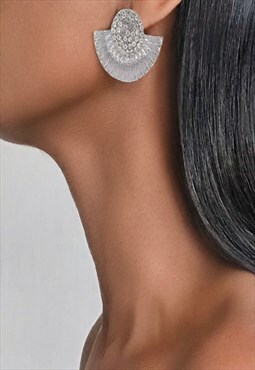  ASWAN Bling Fan-Shaped Silver Earrings