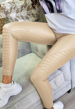 justyouroutfit High Waisted Faux Leather Biker LeggingsBeige