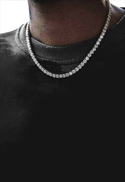 5mm 24" Diamond Iced Out Curb Necklace Chain - Silver