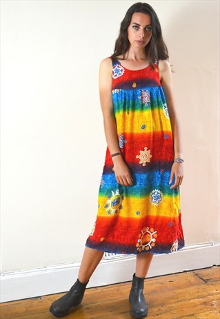 1990S VINTAGE RAINBOW PATTERN BOHO MIDI DRESS