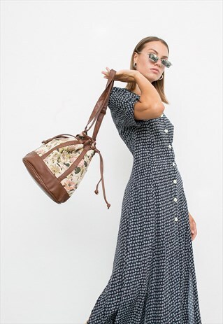 VINTAGE BUCKET BAG TAPESTRY FLORAL BROWN LEATHER