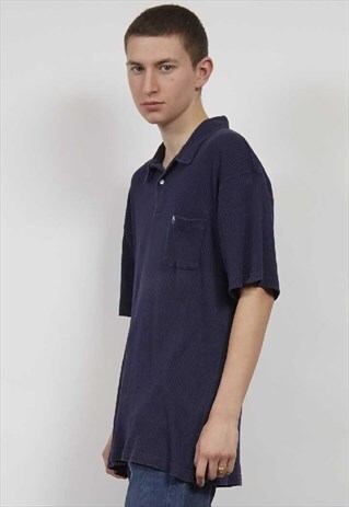 VINTAGE 90'S POLO RALPH LAUREN NAVY RIB LOGO POLO T-SHIRT