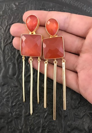 STATEMENT FAUX AMBER GARNET GEMSTONE BRASS SPOKE EARRINGS