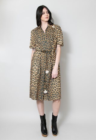 60'S LADIES VINTAGE ANIMAL PRINT SHORT SLEEVE BROWN DRESS