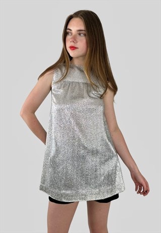 60'S VINTAGE SILVER LUREX SMOCK SLEEVELESS TUNIC BLOUSE