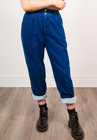 VINTAGE 90'S DARK BLUE DENIM HIGH WAIST MOM JEANS