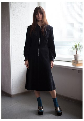 VINTAGE 90'S MIDI BLACK CORDUROY ZIP UP DRESS