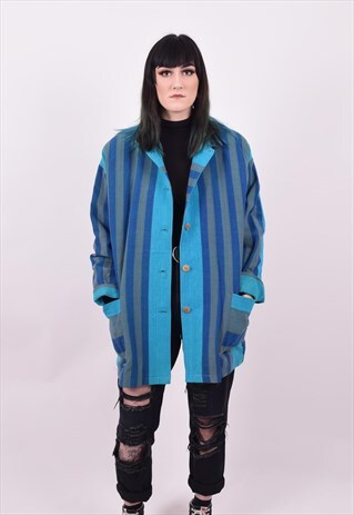 VINTAGE 80'S OVERSIZED BLUE STRIPE BLAZER JACKET SIZE MEDIUM