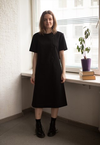 VINTAGE 80'S BLACK SHORT SLEEVED MIDI DRESS