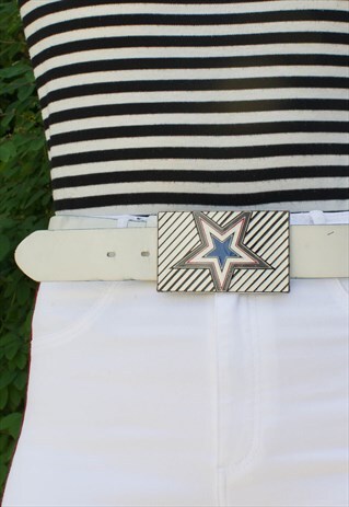 VINTAGE WHITE LEATHER STAR BUCKLE BELT