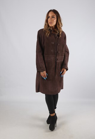 VINTAGE SHEEPSKIN SUEDE SHEARLING COAT UK 12 M (L94O)