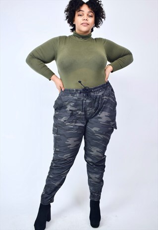 VINTAGE 90'S GREY ELASTIC WAIST CAMOUFLAGE CARGO TROUSERS