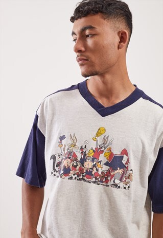 VINTAGE LOONEY TUNES GRAPHIC V-NECK T-SHIRT