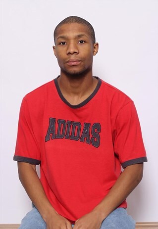 VINTAGE ADIDAS BIG LOGO TREFOIL 3 STRIPE T-SHIRT RED