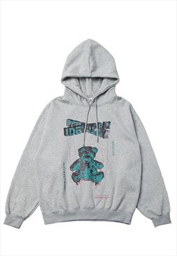 Teddy hoodie bear print pullover retro jumper in grey