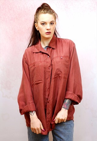 1990S VINTAGE BRICK RED BROWN PURE SILK SHORT SLEEVE SHIRT