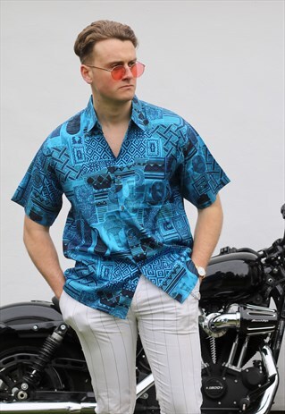 THAI BY APPLE ELECTRIC BLUE MOSAIC SHORT SLEEVE SHIRT