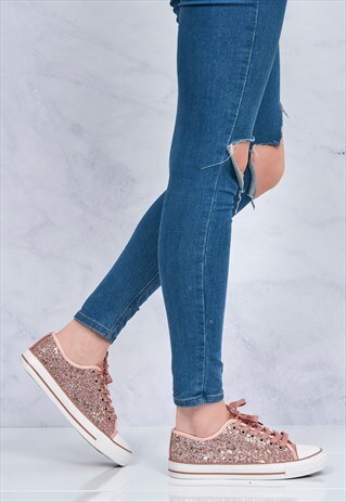 FLAT GLITTER LACE UP PUMP IN PINK GLITTER