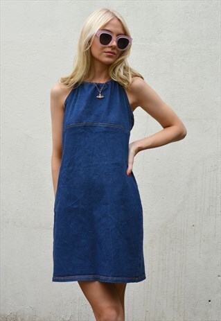 VINTAGE 90S DARK BLUE DENIM HALTERNECK MINI DRESS