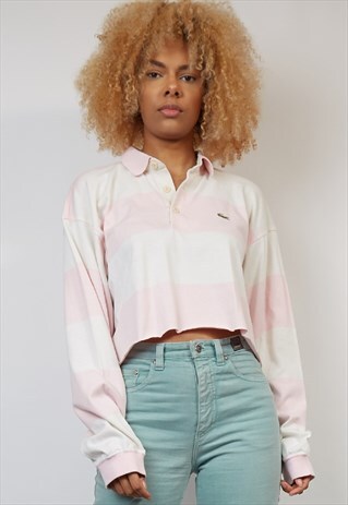 VINTAGE 90'S LACOSTE REWORKED BABY PINK STRIPE CROP TOP