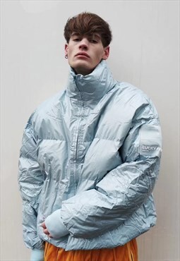 Shiny Plastic cropped bomber quilted puffer jacket sky blue