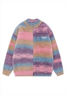 Horizontal stripe cardigan zip up knitted jumper fluffy top