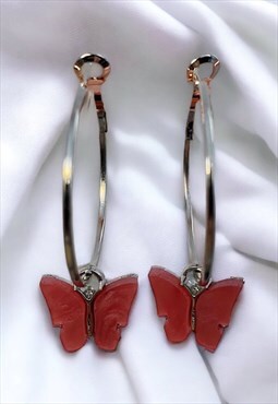 Dark Pink Butterfly Hoop Earrings
