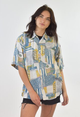 VINTAGE 90S BLUE WHITE PATTERNED ABSTRACT SHIRT