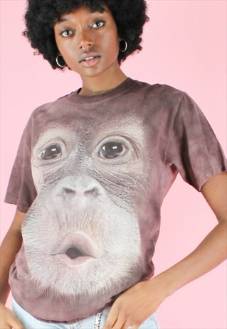 VINTAGE 90S T-SHIRT MONKEY Y2K BROWN FACE ANIMAL PRINT