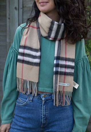 VINTAGE BURBERRY CASHMERE CHECKED SCARF BEIGE