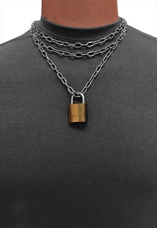 20MM PADLOCK DOUBLE CHOKER STEEL NECKLACE CHAIN - SILVER