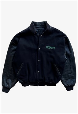 Vintage 90s Hitachi Black Leather Varsity Jacket