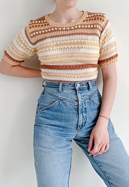 Vintage 90s Grunge Knitted Multi Stripe Brown Top XS