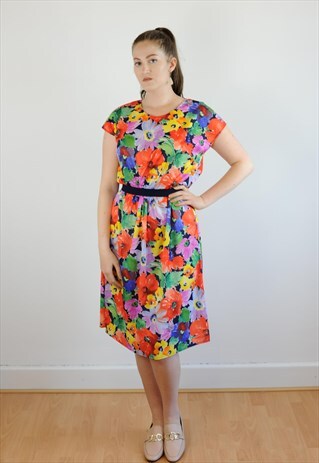 WOMENS VINTAGE 80S DRESS MULTICOLOURED FLORAL ABSTRACT