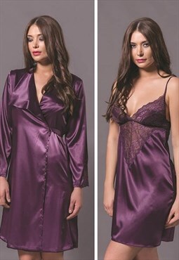 Purple Lace Detailed Nightgown & Dressing Gown Set