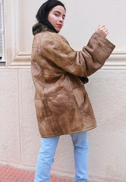 Light Brown Real Leather Shearling Lined Winter Coat