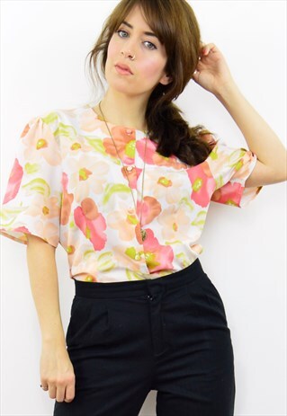 VINTAGE 90S PASTEL FLORAL SHORT SLEEVED SPRING BLOUSE