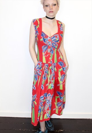 VINTAGE 80'S SUMMER RED FLORAL PRINT BOHO TEA PARTY DRESS