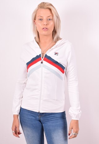 FILA WOMENS VINTAGE HOODIE JACKET MEDIUM WHITE 90S
