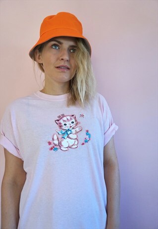 AS IF CAT PRINT PINK T-SHIRT