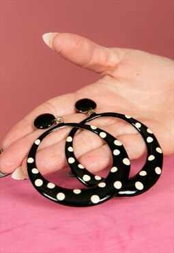 Vintage Black & White Polkadot Spotted O Ring Earrings